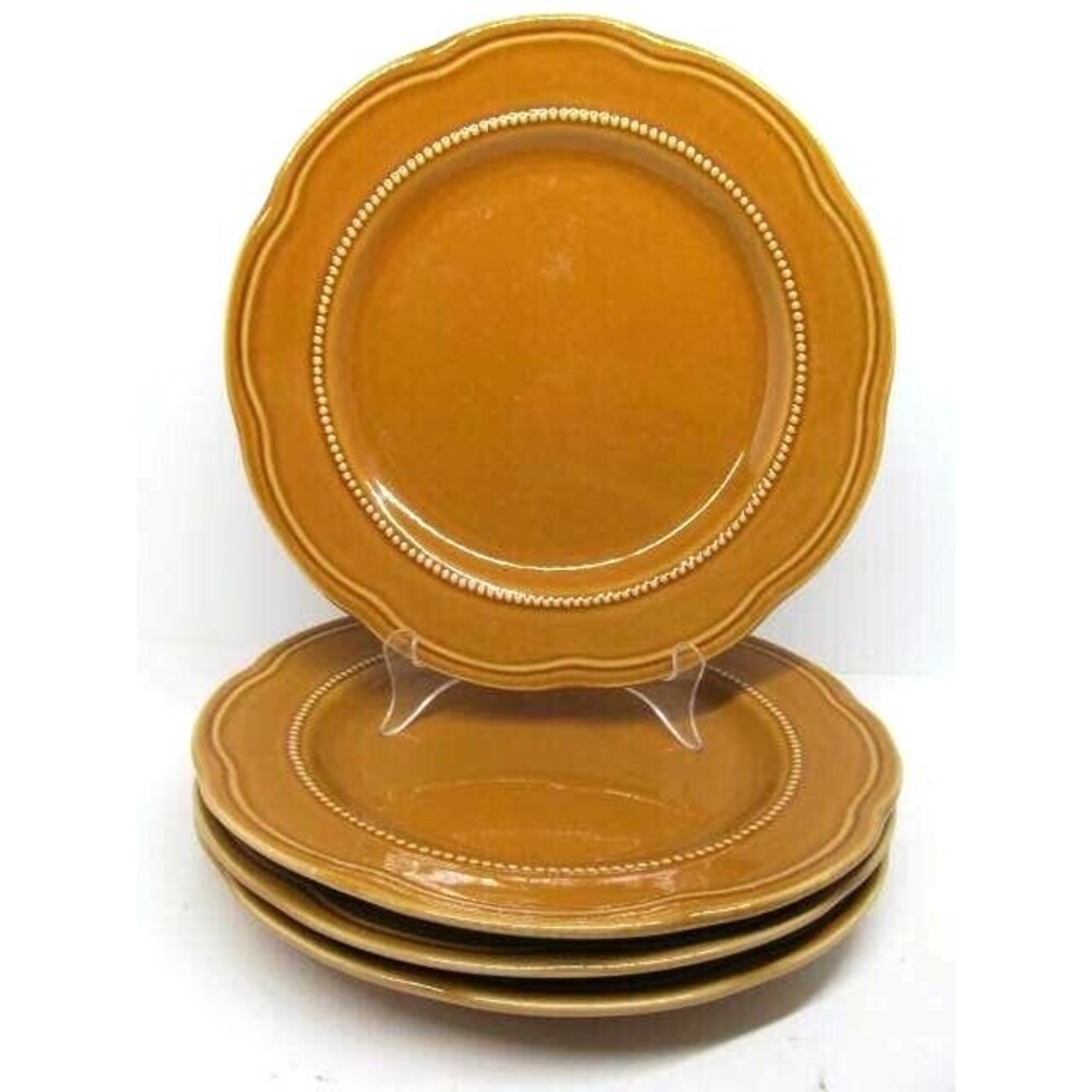 Pottery Barn Tan Scalloped Edge Beaded 11 1/4" Dinner Plates Bundle of 4